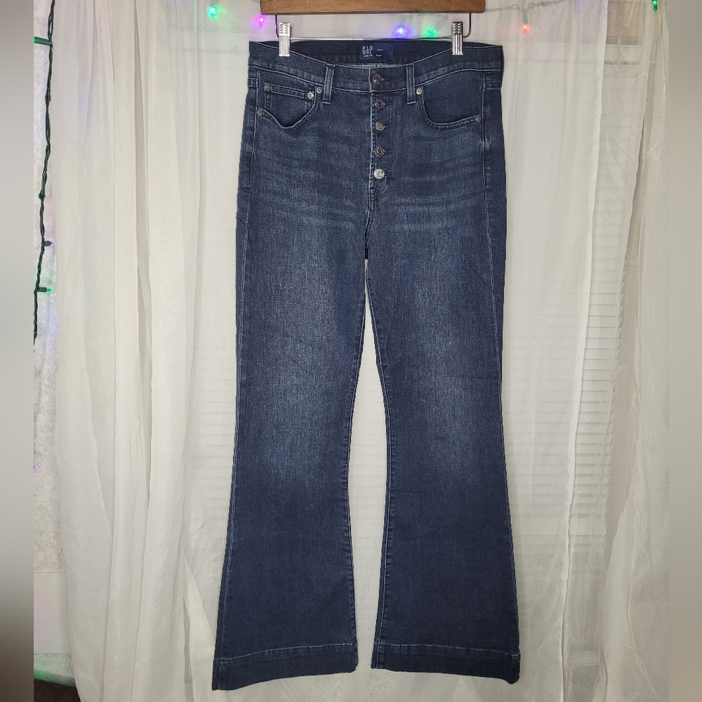 Gap High Rise Flare Jeans Women 10 Dark Wash Stretch Denim Button Fly 31" Inseam